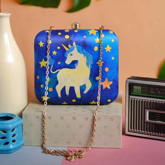 Unicorn print fabric blue clutch