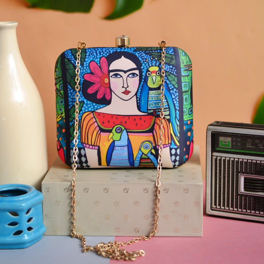 Multi color printed fabric box clutch - Frida Kahlo