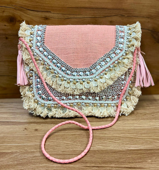 Pink jute boho bag