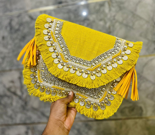 Yellow jute boho bag with foil button mirror