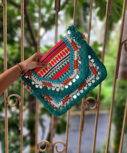 Green jute boho bag with fringe work