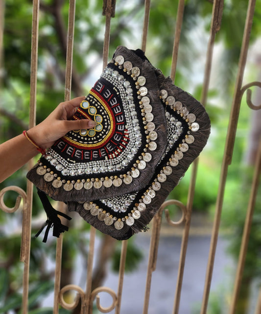 Grey & black jute boho bag with fringe work