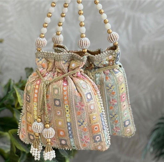 Drawstring potli with mirror work