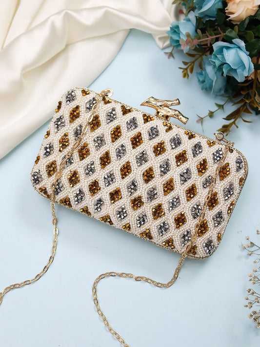 White bead work clutch with designer lock