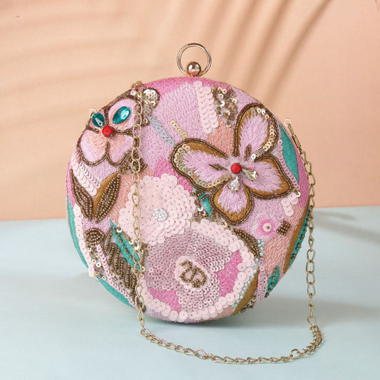 Pink round clutch with butterfly embroidery and sequins work