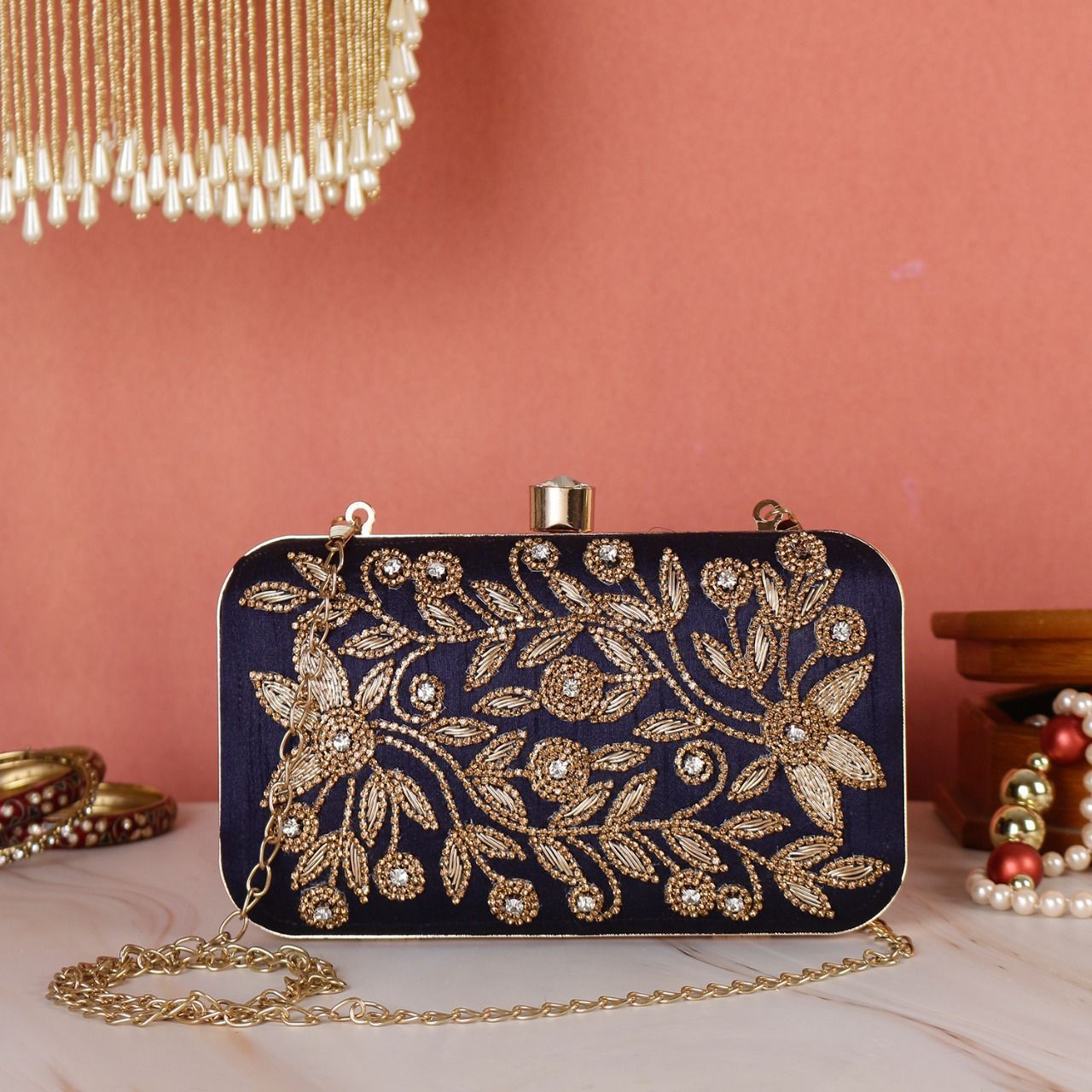 Navy blue clutch with golden bead work