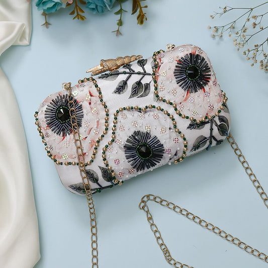 White printed clutch with floral embroidery & piping work