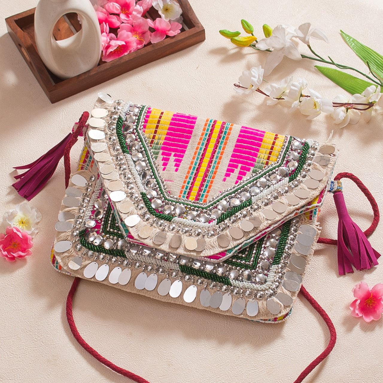 Pink jute boho aztec bag with silver foil work