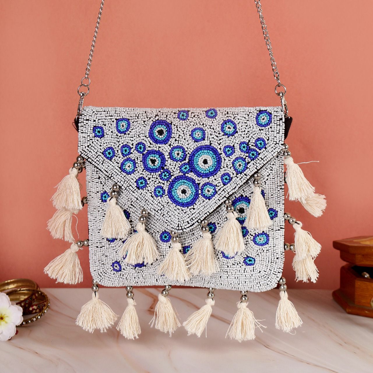 Evil eye white bead work flap bag