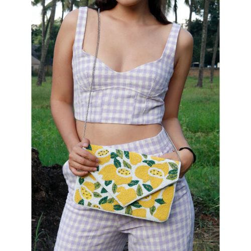 Yellow designer bead work flap bag