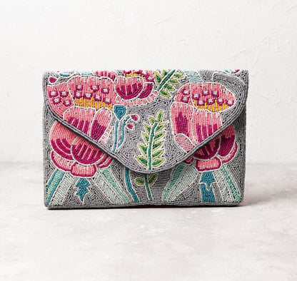 Pink and grey floral designer bead work flap bag