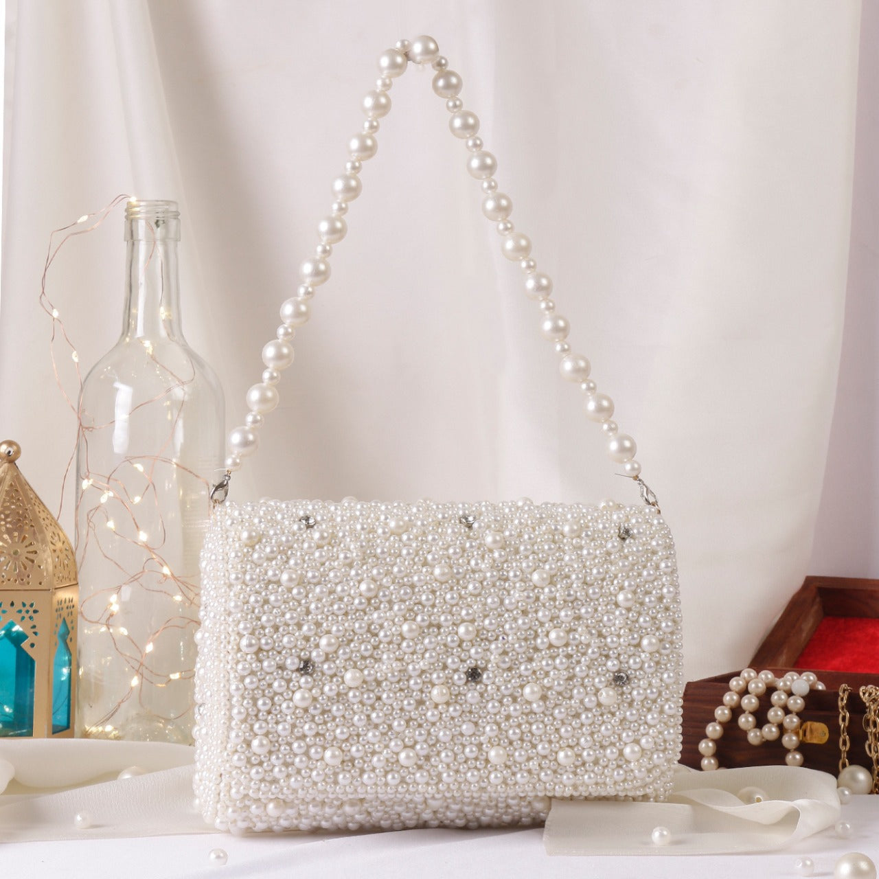 Bridal white pearl work flap bag