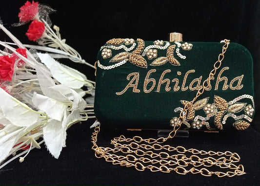 Dark Green velvet box name clutch with pearl work