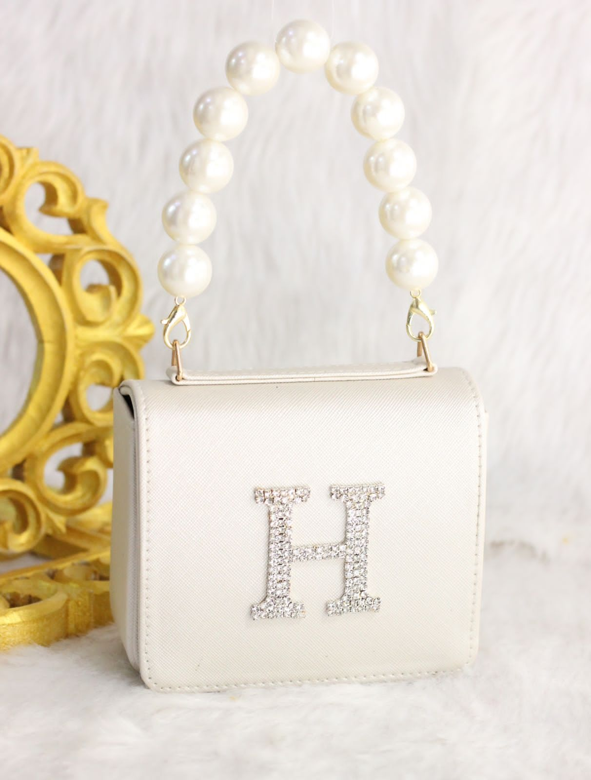 MINI waist bag with pearl handle & INITIAL customization - WHITE