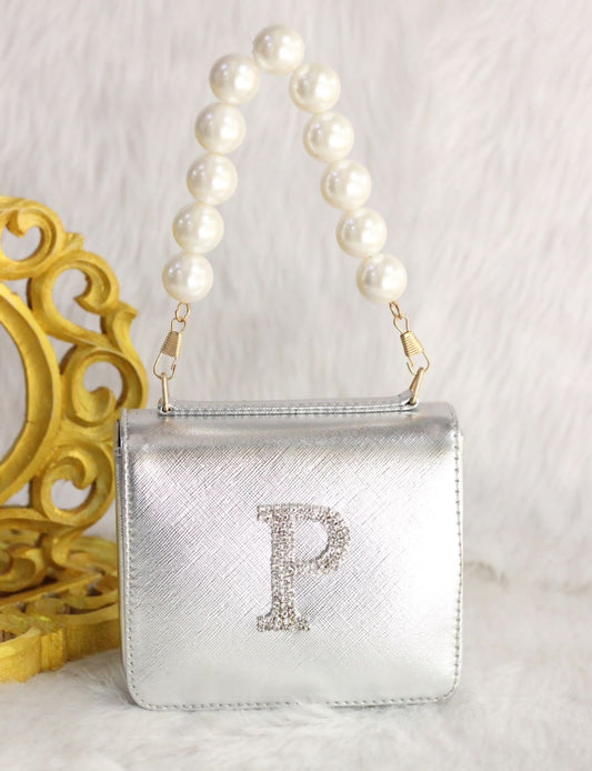 MINI waist bag with pearl handle & INITIAL customization - SILVER