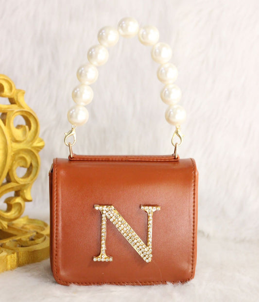 MINI waist bag with pearl handle & INITIAL customization - Brown