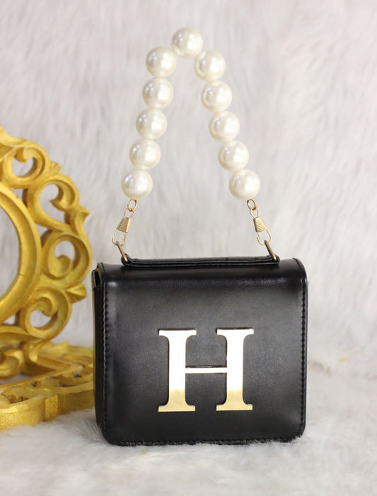 MINI waist bag with pearl handle & INITIAL customization - BLACK