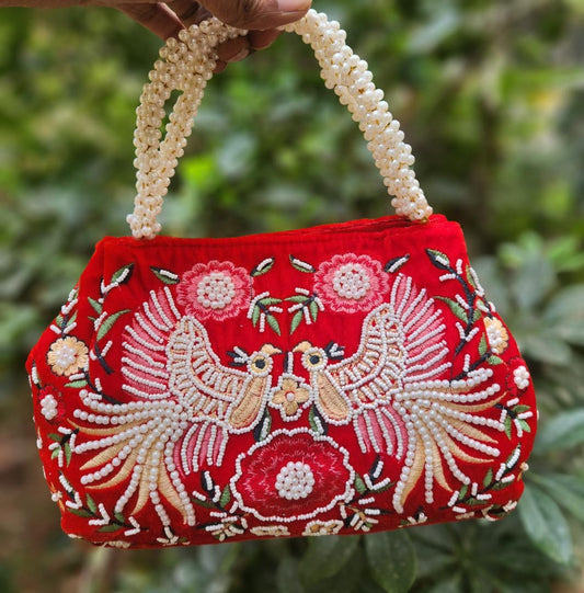 Bird embroidery handwork potli with pearl handle - RED