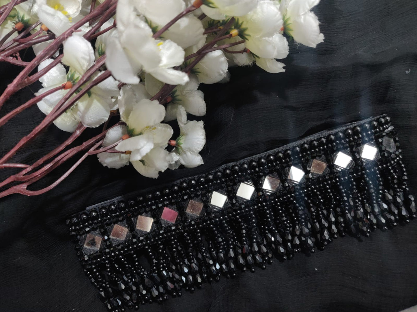 Black single line mirror work waistbelt with bead work