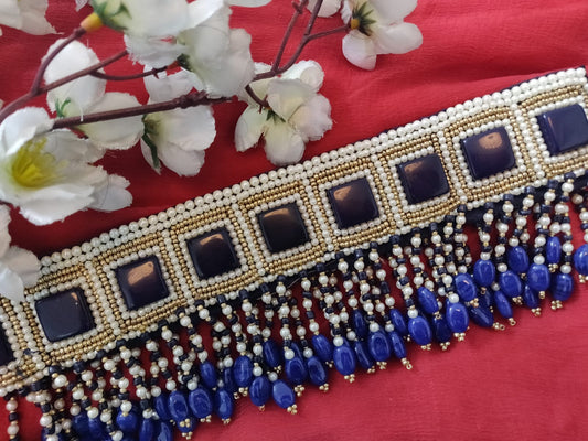 Blue big beads waistbelt with white pearls