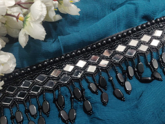 Black double line mirror work waistbelt with bead work