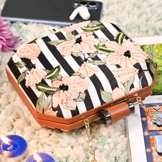 Black stripes printed clutch with peach sequins & embroidery work