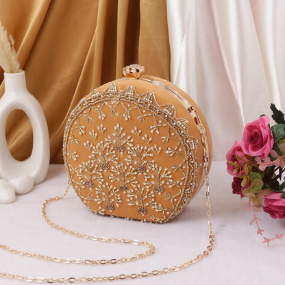 Designer New frame round clutch bag in velvet with golden embroidery