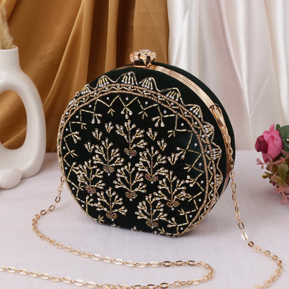 Designer New frame round clutch bag in velvet with golden embroidery