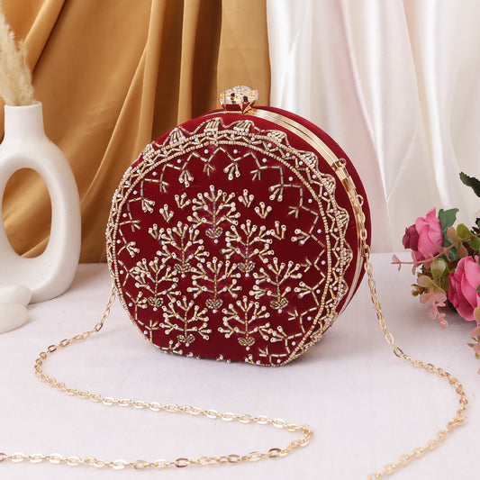 Designer New frame round clutch bag in velvet with golden embroidery