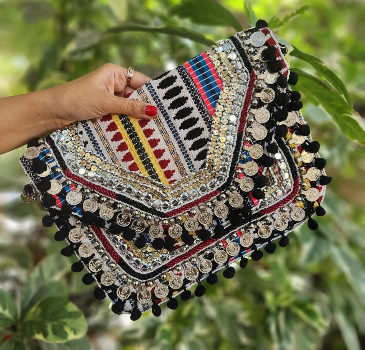 Black multicolor jute boho bag with fringe work