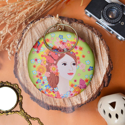 Green round floral women clutch with bangle handle