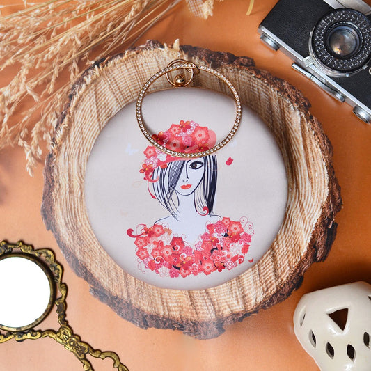 White peach flower women print round clutch with bangle handle