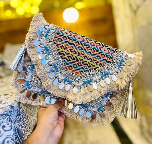 Multicolor jute boho bag with white blue beads trims