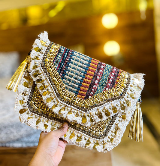 Multicolor jute boho banjara bag with golden bead work