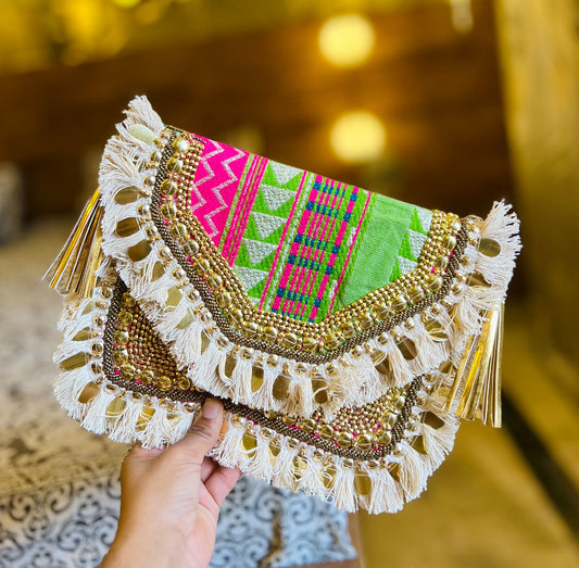 Pink green jute boho banjara bag with golden bead work