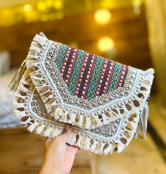 Multicolor boho banjara bag with golden border