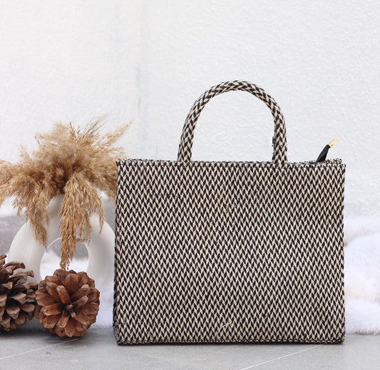 Zig zag black & white medium sized boho tote bag