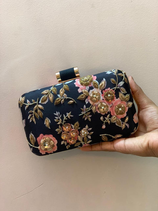 Black printed clutch with golden embroidery work