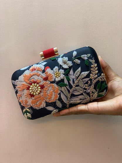 Black printed clutch with embroidery work