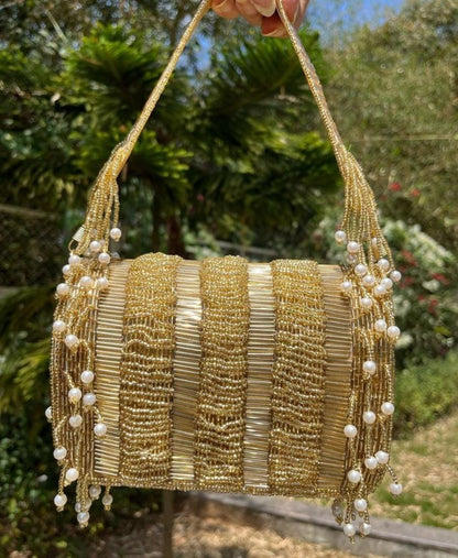 Silver flap bag with pearl work