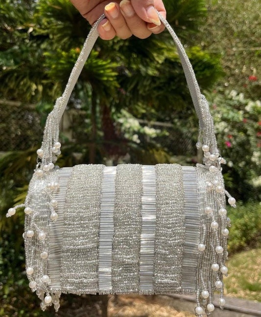 Silver flap bag with pearl work