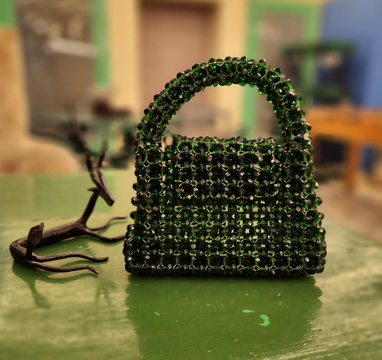 Luxurious green crystal miniature wristlet bag