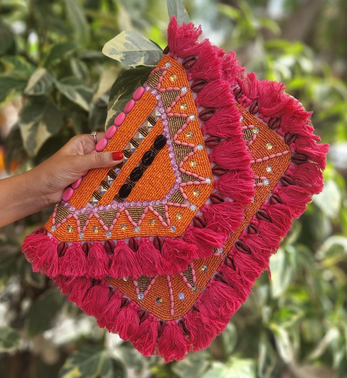 Sunset queen jute boho bag with pink fringes