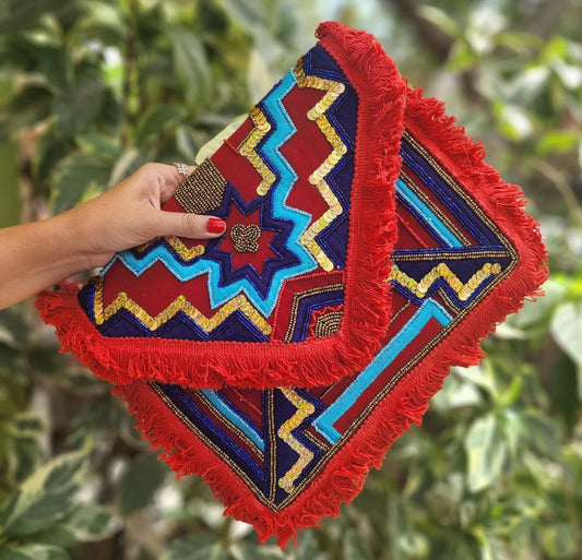 Boxy red jute boho bag with red fringes