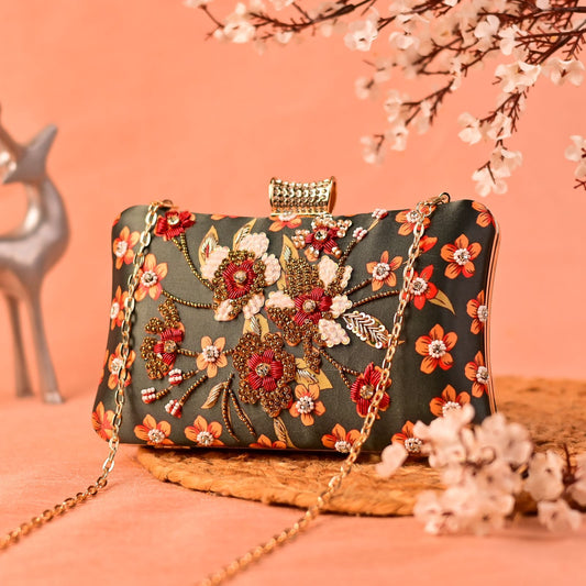 Black printed clutch with sequins & floral embroidery