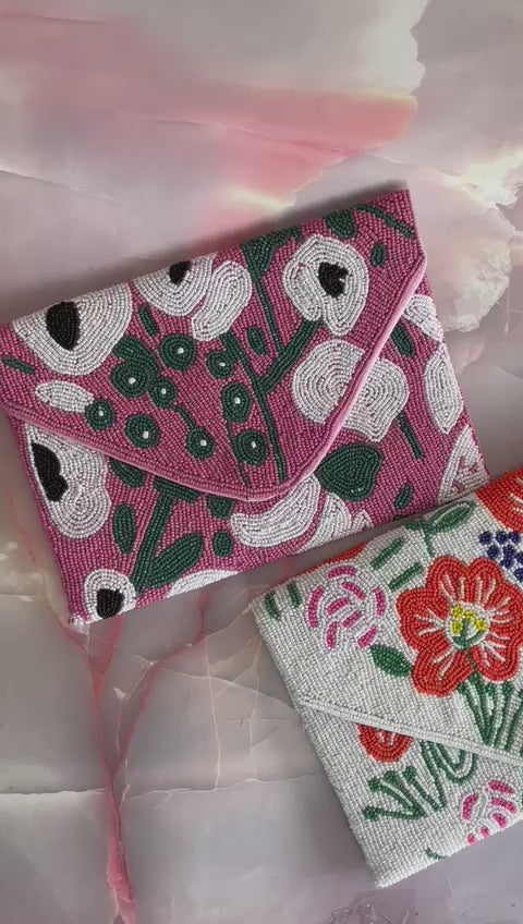 Pink floral designer Heavy Beaded clutch bag